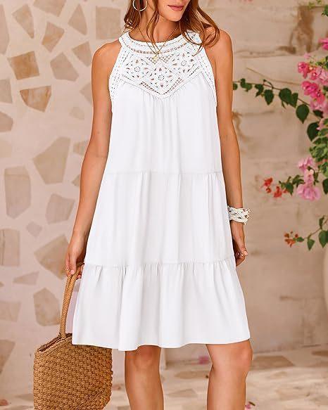 Summer Halterneck A-line Dress With Flower Hollow Lace Design Casual Loose Vacation Beach Dresses For Womens Clothing - Elite Essence Store