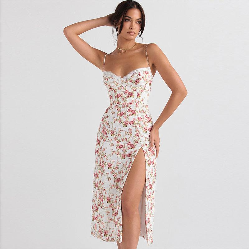 Lace Flowers Print Long Dress Sexy Fashion Slit Suspender Dress Summer Womens Clothing - Elite Essence Store