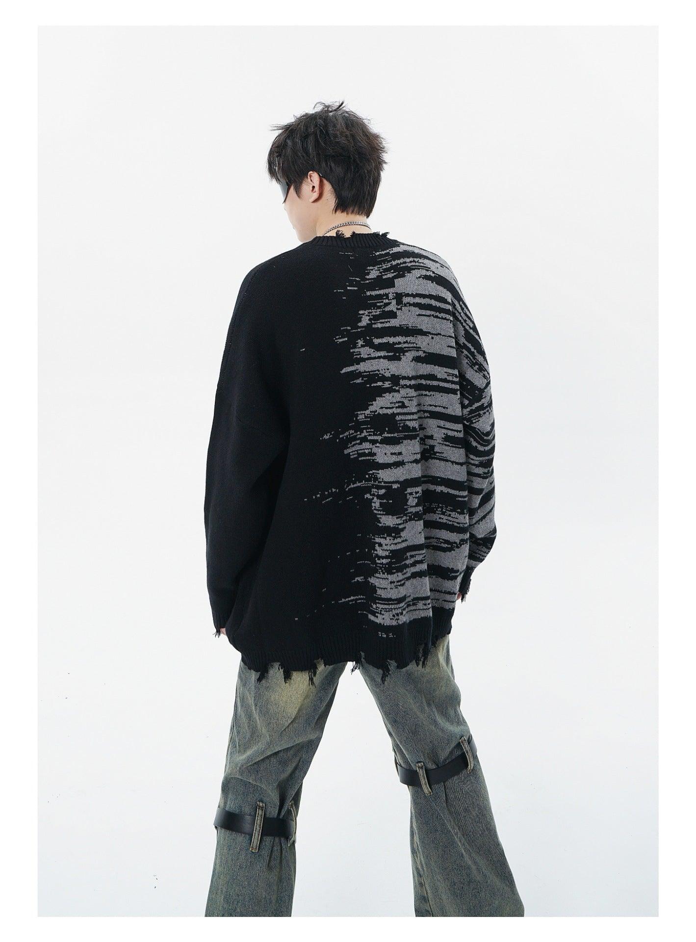 Zebra Pattern Color Matching Ripped Tassel Loose Round Neck Knitted Sweater - Elite Essence Store