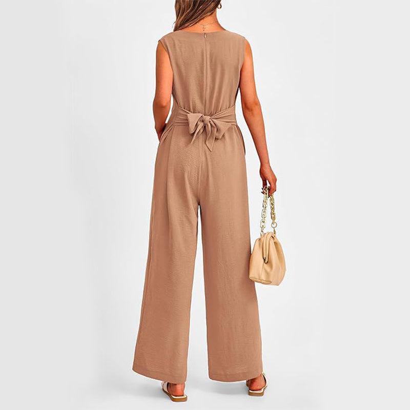 New V-neck Sleeveless Long Jumpsuit With Pockets And Lace-up Design Wide-leg Straight Trousers Summer Womens Clothing - Elite Essence Store