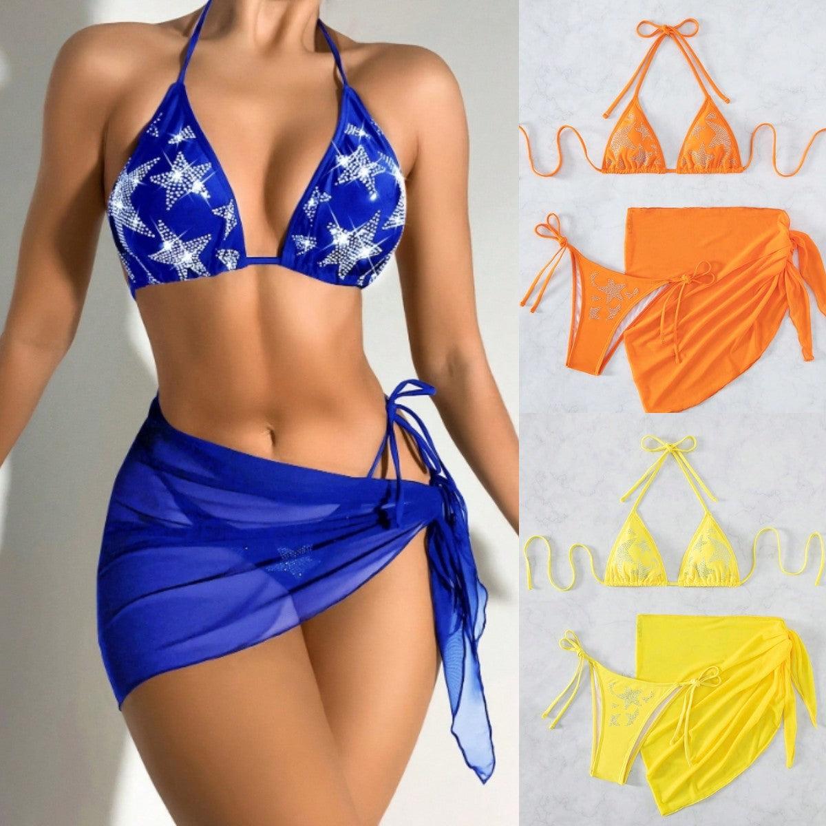 Bikini Swimsuit New Sexy Rhinestone Gauze Skirt Three-piece Suit Split - Elite Essence Store