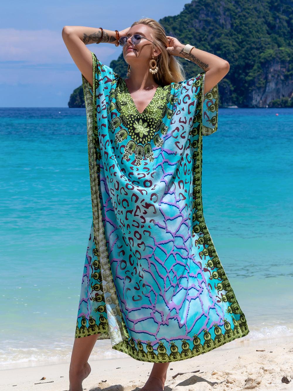 Rayon Printed Robe Seaside Holiday Sun Protection Shirt Beach Dress Bikini - Elite Essence Store